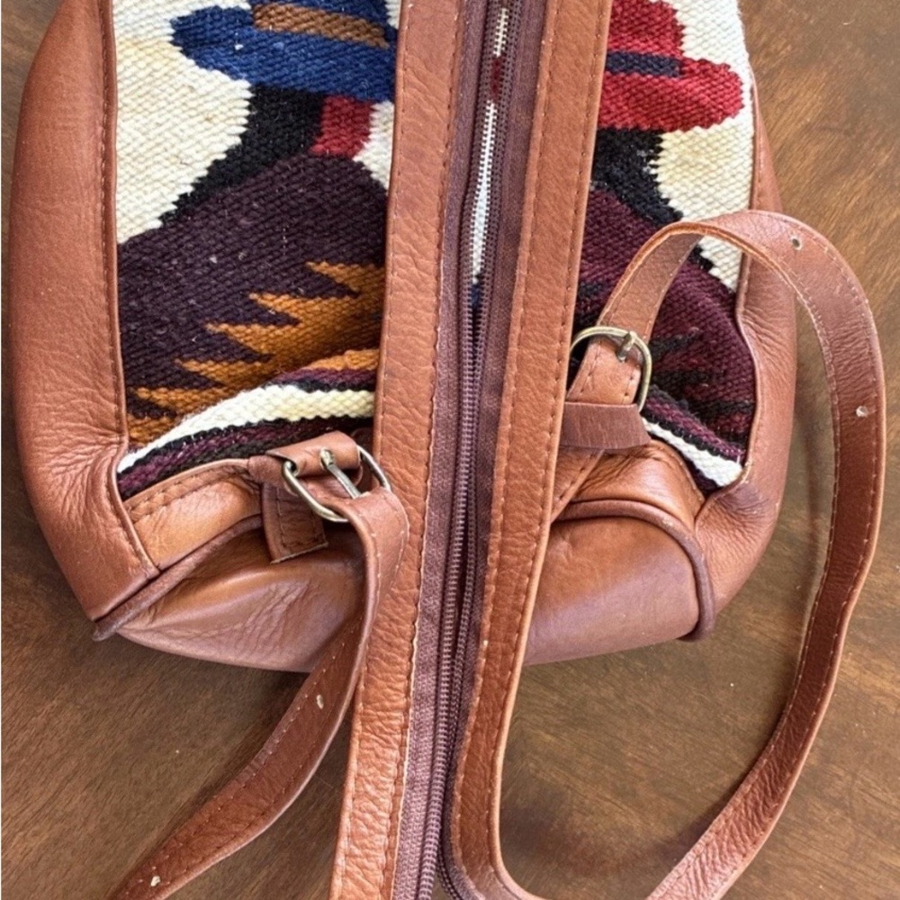 Leather &Woven Woolen Textile Small Backpack Crossbody Bag — Brown, Boho Vintago - Picture 11 of 14